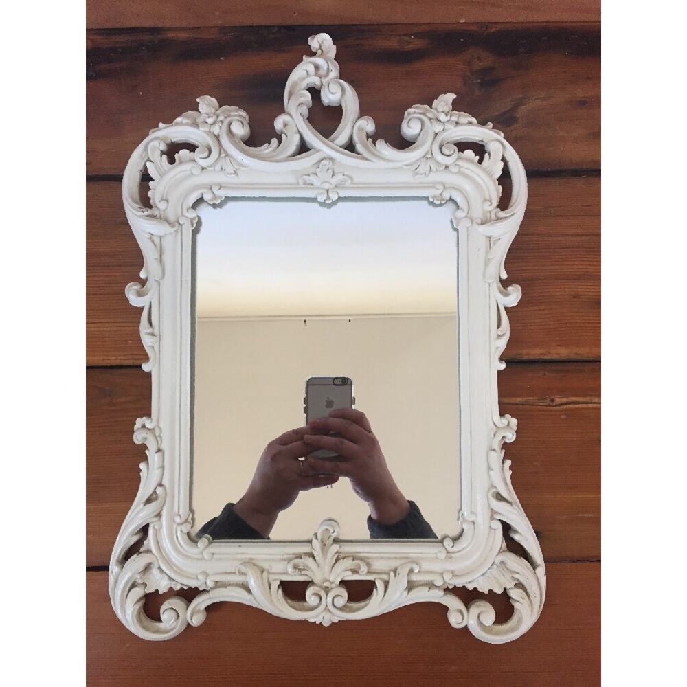 Vintage Syroco Wood Rectangular Filigree Ornamental White Wooden Wall Mirror 16"